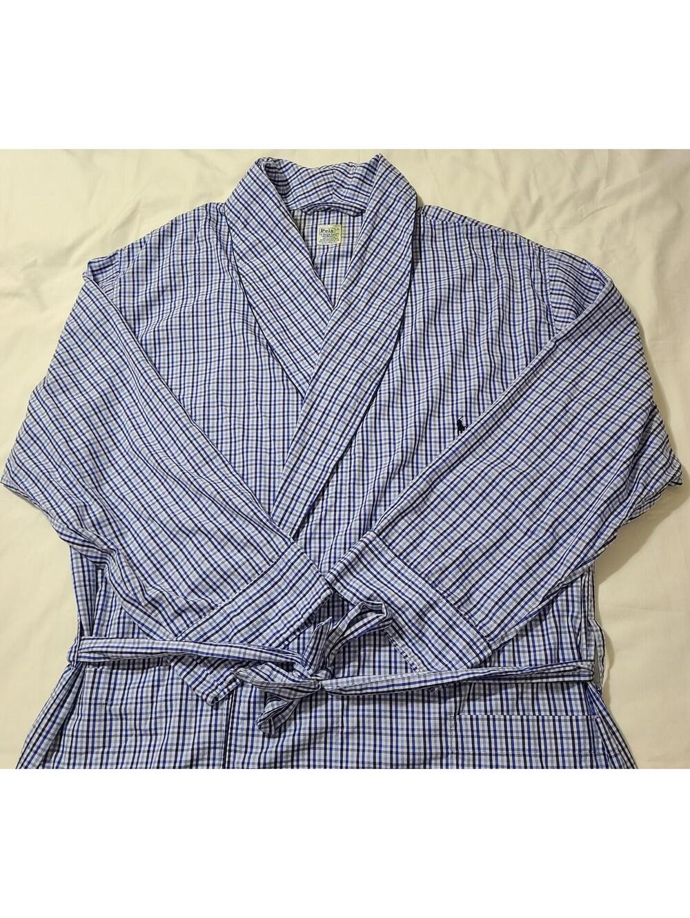 Polo Ralph Lauren Robe Mens Sz L/XL Blue Plaid Cotton Lounge Bathrobe Sleepwear